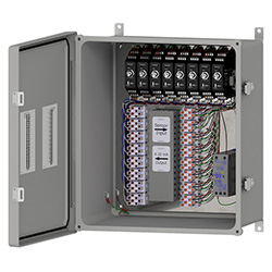 A fiberglass SCE110 signal conditioner enclosure with two stainless steel snap latch closures, shown with the front door open revealing eight signal conditioners mounted inside the enclosure.